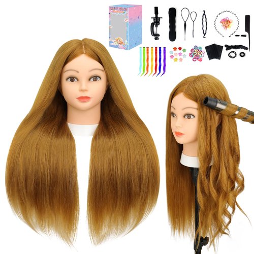 Mannequin Head with 70% Human Hair, 26" Light Brown Real Human Hair Training Head, Manikin Cosmetology Head with Clamp Holder & Tools, Practice Doll Head for Hair Styling, Braiding, Curling, Cutting