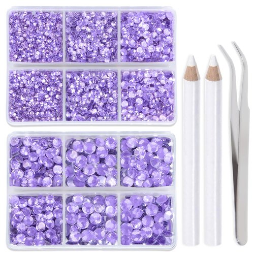 LPBeads 6400 Pieces Violet Purple Hotfix Rhinestones Flat Back 5 Mixed Sizes Crystal Round Glass Gems with Tweezers and Picking Rhinestones Pen