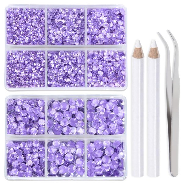 LPBeads 6400 Pieces Violet Purple Hotfix Rhinestones Flat Back 5 Mixed Sizes Crystal Round Glass Gems with Tweezers and Picking Rhinestones Pen