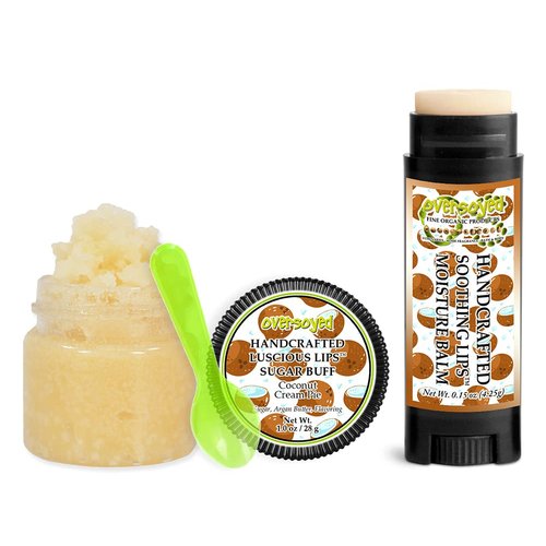 Coconut Cream Pie Soothing & Luscious Lips by OverSoyed Exfoliator & Chapped Lip Repair Lip Care Combo | Artisan Handcrafted to Order Tropical Sweet Coconut Banana Peach Vanilla Flavored Exfoliating Sugar Lip Scrub & Lip Moisturizer Balm Gift Set