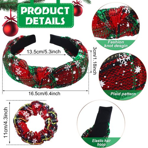 8 Pack Christmas Plaid Snowflake Headbands 4 Buffalo Plaid Hair Scrunchies 4 Christmas Knotted Headband Plaid Hair Band with Elastic Hair Scrunchies for Women Girl(Red Green, Snowflake)