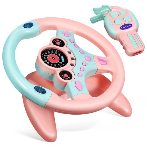 Kids Steering Wheel for Backseat with Car Key, Simulated Driving Steering Wheel Toy with Light and Music Toddlers Pretend Play Toy for Baby Children