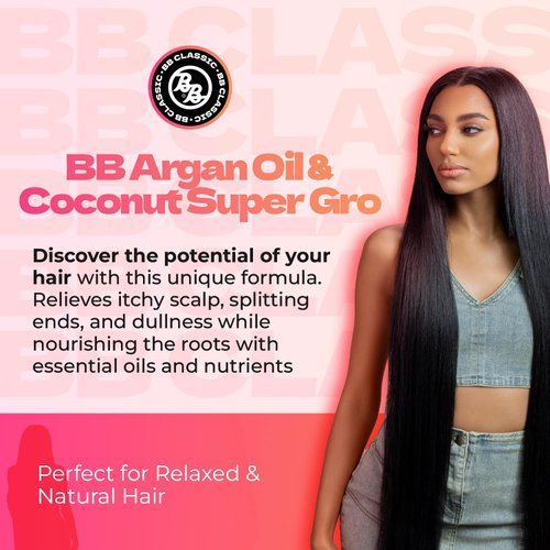Bronner Bros Argan Oil & Coconut Super Gro - Hair Gel for Dry Itchy Scalp Treatment, Moisturizer, Reduces Dryness & Split-Ends - Made with Vitamin A, E, D, Sage, Argan Oil & Coconut Oil - 6 oz