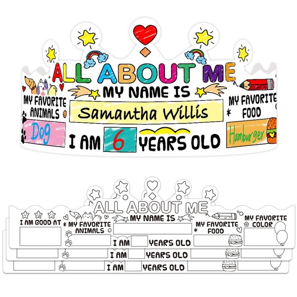 WhatSign All About Me Coloring Paper Crowns for Kids Students 24PCS Color Your Own Back to School Crown Crafts First Day of School Party Hats Headbands for Kindergarten Elementary Classroom Supplies