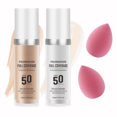 2PCS Color Changing Foundation,Full Coverage Foundation Long Lasting Flawless Liquid Foundation Set with 2 Cosmetics Sponge,Non-Greasy Liquid Cover Concealer Foundation Nude Makeup Base 30ml B