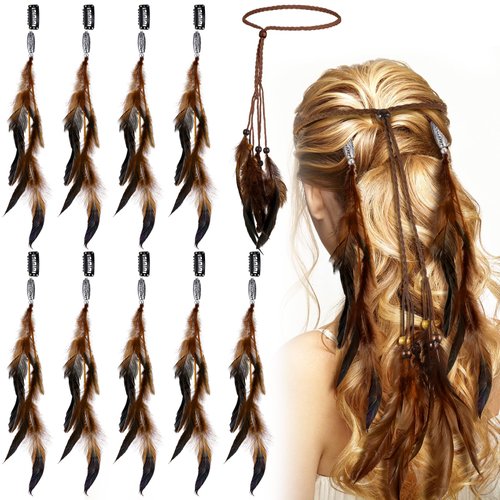 10 Pcs Feather Headband and Hair Clips Hippie Headband for Women Halloween Indian Costume Pirate ...