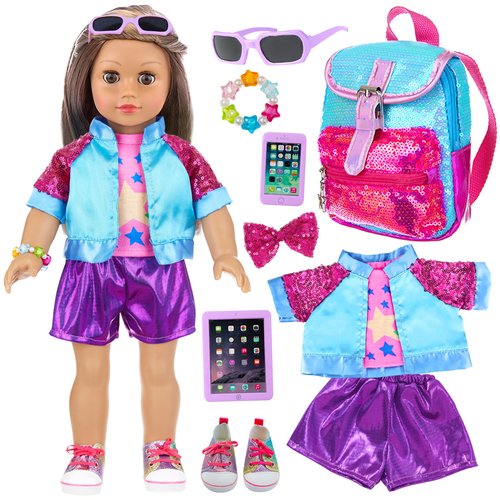 18INDC 10 Pcs American 18 Inch Doll Accessories, 3-piece 18 Inch Doll Clothes Set with Doll Shoes, Hair Clip, Gradient Backpack, Bracelet, Sunglasses, Notebooks, Toy Tablet, Phone - Best Gift for Kids