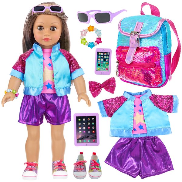 18INDC 10 Pcs American 18 Inch Doll Accessories, 3-piece 18 Inch Doll Clothes Set with Doll Shoes, Hair Clip, Gradient Backpack, Bracelet, Sunglasses, Notebooks, Toy Tablet, Phone - Best Gift for Kids