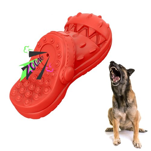 Dog Toy Treat Dispensing, Almost Indestructible Squeaky Chew Toys for Dogs, Natural Rubber Puzzle Toys, Tough Toy Treat Dispenser for All Type of Dogs, Innovative Shoe-Shaped Dog Toy (Red)