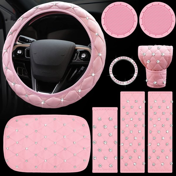 9 Pcs Bling Car Accessories Set for Women, Diamond Steering Wheel Cover, Rhinestone Center Console Pad Seat Safety Belt Pad Handbrake Cover Gear Shift Stick Protector Car Emblem Ring(Pink)