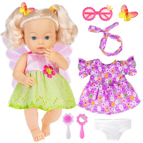 dollbie 14 Inch Baby Doll with Hair Baby Girl Dolls Reborn Baby Doll Real Life Baby Dolls for Toddlers Doll Clothes and Accessories(1 Doll+2 Sets Clothes+5 Pcs Accessories)