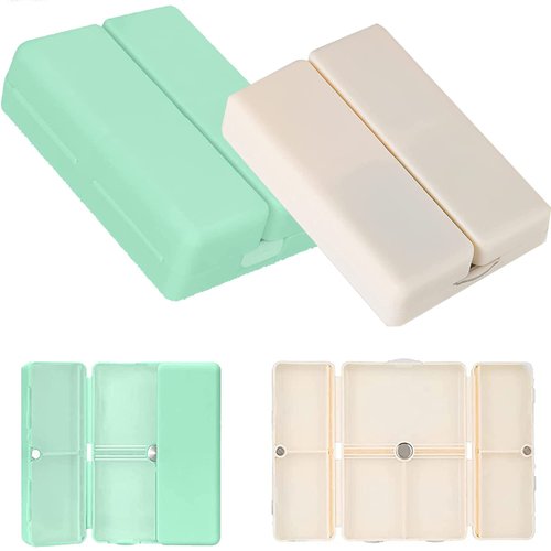 Magnetic Foldable Pill Organizer,7 Compartments Portable Pill Case,Travel Pill Organizer,Weekly Pill Organizer,Small Pill Box,Pill Container for Purse Pocket to Hold Medicine Vitamin 2PCS(Beige+Green)