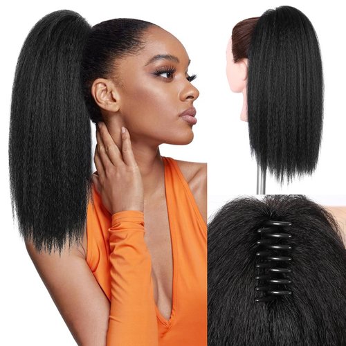 WIGNEE 16 Inches Kinky Ponytail Hair Extensions Claw Clip Yaki Brown Ponytail Extension For Black Women Kinky Straight Clip In Ponytail Hair Extensions (Natural Black-16 inches)