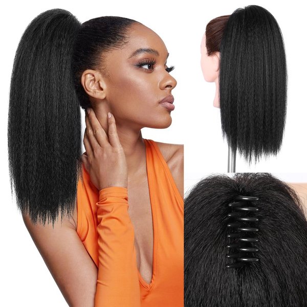 WIGNEE 16 Inches Kinky Ponytail Hair Extensions Claw Clip Yaki Brown Ponytail Extension For Black Women Kinky Straight Clip In Ponytail Hair Extensions (Natural Black-16 inches)
