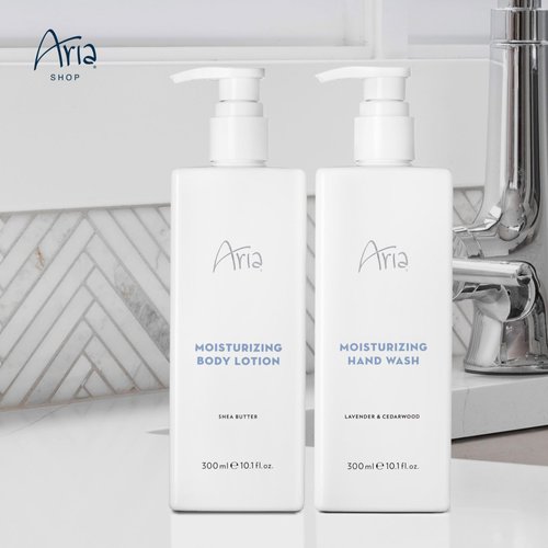Aria Skin Care Set - Hand Wash & Body Lotion - Scented with Cedarwood, Green Mandarin, Lavender - Hotel Body Care Amenities - 10 oz, White