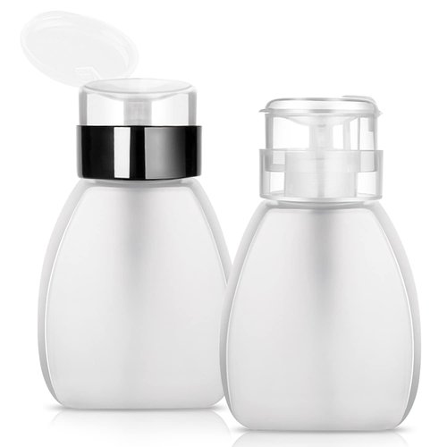 2 Pack 250ml/8.3oz Push Down Pump Dispenser Empty Plastic Lockable Nail Polish Remover Pumping Bottle Container with Flip Cap for Nail Polish Makeup Remover Liquid Alcohol Translucent