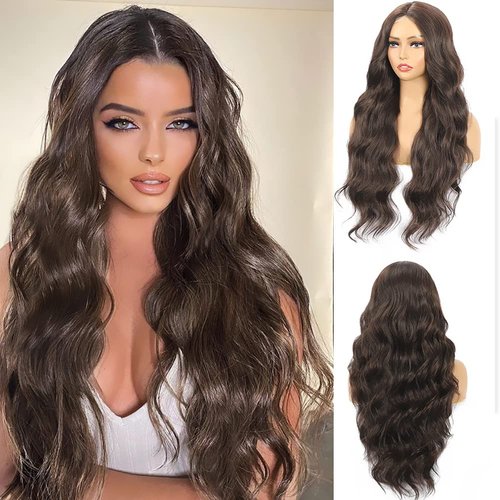 MSMUSAS 28 Inch Long Wavy Wig Middle Part Brown Wig for Daily Party Use Natural Wavy Synthetic Heat Resistant Wigs for Women(Brown)