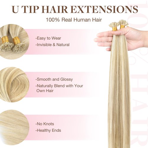 GOO GOO U Tip Hair Extensions Real Human Hair, 20inch 50g 50S, Hot Fusion U Tip Hair Extensions, Invisible Remy Hair Extensions, 18A/613A Dark Blonde Highlighted Bleach Blonde