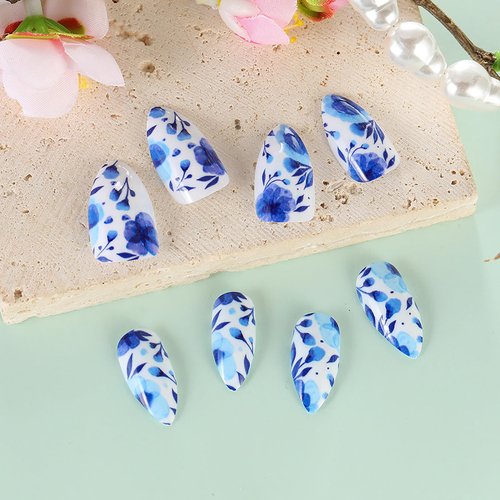 Rilafuvu Press on Nails Almond Fake Nails Short False Nail Blue and White Porcelain Acrylic Nails Full Cover Glue on Nails Glossy Stick on Nails Floral Acrylic Press on Nails Cute/lovely 24Pcs-12Sizes