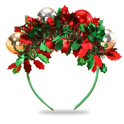 HIFANMM Christmas Headband Colorful Ball Hair Accessories for Women Girls, Red Green Sequin Hair Band Winter Non Slip Headbands Xmas Party Cosplay Outfit Supplies Decoration