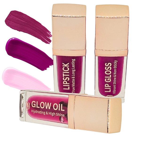 Phoenix Beauty Lip Trio Set: Smudge-Proof Long Stay Matte Lipstick, Shiny Vibrant Lip Gloss & Hydrating Lip Oil; Jojoba Oil + Vitamin E; Holiday Gift; Premium Lip Care & Color Set (Berry Bold)