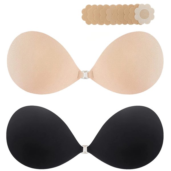 2024 Newest Super Sticky Push Up Adhesive Bra Invisible Strapless Backless Lifting Bra for Women with Nipple Pasties Black and Beige