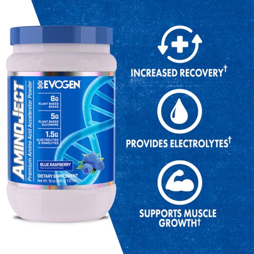 Evogen AminoJect - Amino Acid Accelerator Powder | Supports Muscle Recovery & Hydration | Plant-Based BCAAs, Glutamine, Electrolytes | Blue Raspberry | 30 Servings