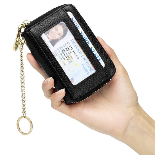 imeetu RFID Credit Card Holder, Small Leather Zipper Card Case Wallet with Removable Keychain ID Window (Black)