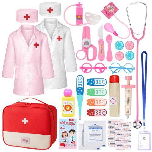 Doctor Kit for Toddlers 3-5, 37 Pcs Kids Doctors Play Set with 2 Costumes & Real Stethoscope, Doctor Toy Pretend Play Medical Set for Boys Girls, Christmas Birthday Gifts Kids Toys for Ages 2-4 6-8