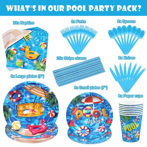 PHOGARY 93 PCS Summer Pool Party Supplies Tableware Set Serves 8, Pool Party Decorations Includes Pool Party Plates, Napkins, Straws, Spoons, Forks, Cups for Hawaii Beach Birthday Party Decorations