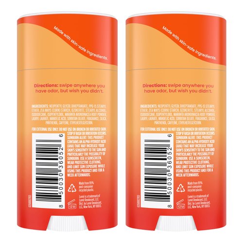 Lume Whole Body Deodorant - Smooth Solid Stick - 72 Hour Odor Control - Aluminum Free, Baking Soda Free and Skin Safe - 2.6 Ounce (Pack of 2) (Clean Tangerine)