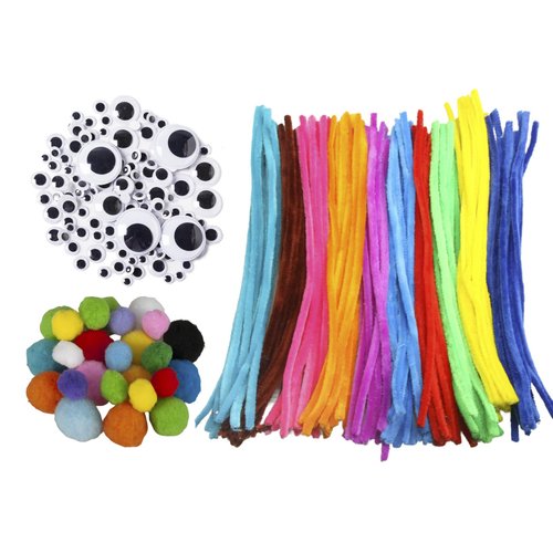 MAHAVIMOKSA 500pcs Pipe Cleaners Craft Kit: 10 Colors Chenille Stems, Self-Sticking Wiggle Googly Eyes and Pompoms for DIY Craft Art Decoration (Bright Color)