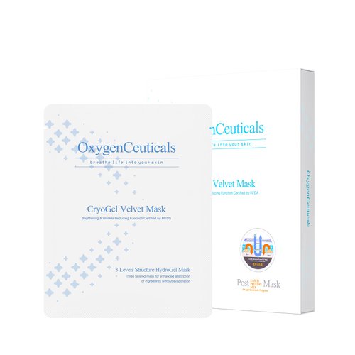 Hydrogel Sheet Mask, OxygenCeuticals Cryogel Velvet Mask, Premium Korean Gel Sheet Mask for Instant Hydration, Soothing, Cooling, Healing, Post-Treatment, 6 Sheets/Box