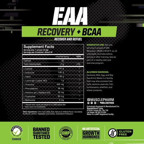 Muscle Pharm EAA Recovery + BCAAs, Post Workout Essential Amino Acids Powder, Pre Workout Energy Supplement for Men & Women with Branched Chain Amino Acids, 30 Servings (Watermelon Crush)