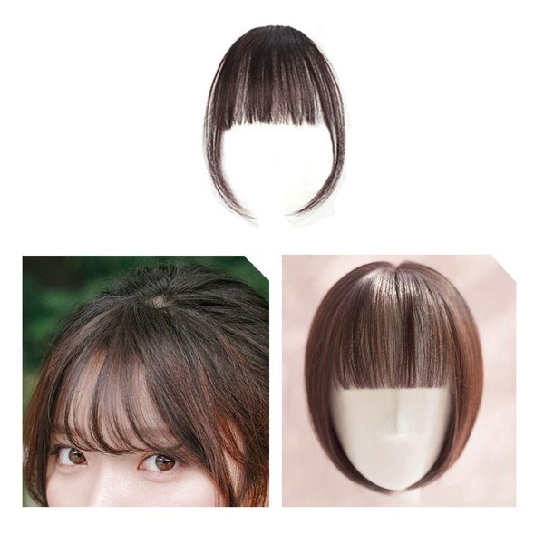 Wixine 1Pcs Dark Brown Thin Neat Air Bangs Remy Human Hair Extensions Clip in on Fringe Front Hairpiece