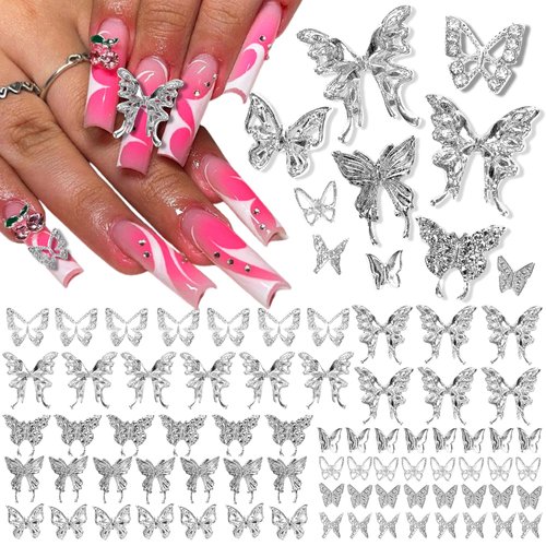 120PCS 3D Butterfly Nail Charms Silver Y2K Nail Gems and Rhinestones Butterfly Rhinestones Nail Jewels for Nail Art Kawaii Nail Charms