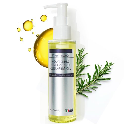 Pharmlitalia Cleansing Oil For Face, Makeup Remover Oil for Dry Skin, Double Cleanser for Sensitive Skin, Cold Pressed Omega Rich Facial Oil Cleanser for Impurities with Castor and Chia Seed Oil