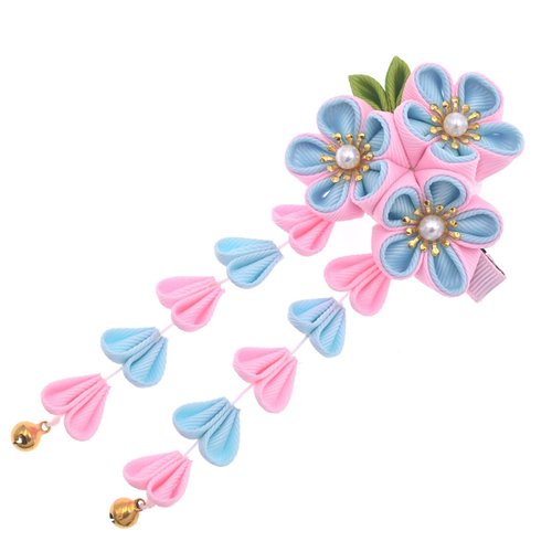 Women Girl Kimono Traditional Tsumami Kanzashi Hair Clip Japanese Asian Wedding Hair Tie Flower Hairpin Accessories Headwear (Blue)