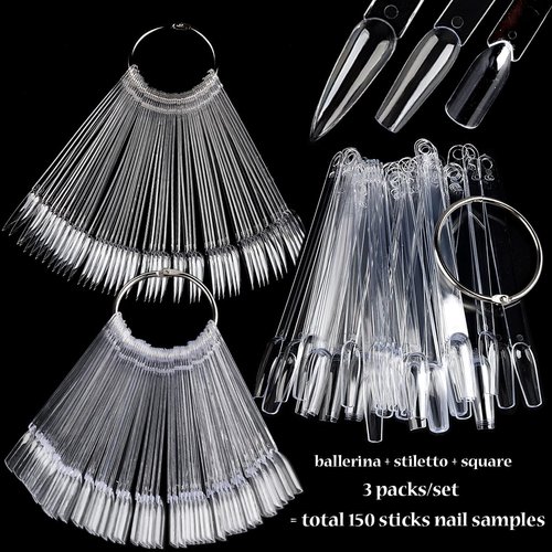 Fcozpjk Nail Color Swatch Sticks with Ring, 150pcs Ballerina Square Stiletto Clear Nail Tips, Nail Polish Display Sample Sticks, Practice Nail Tips, Nail Salon Supplies