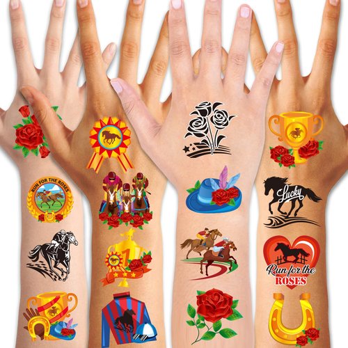 Qpout 96Pcs Horse Racing Temporary Tattoo Stickers,Funny Horse Tattoos Party Favors for Kids Adults Horse Themed Derby Day Birthday Supplies Decorations