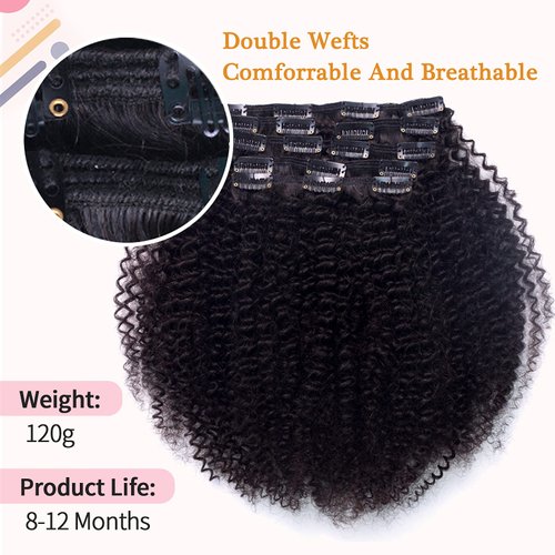 Vanalia 3C 4A Afro Kinky Curly Clip in Hair Extensions, Kinky Curly Clip Ins for African American Black Women, 100% Remy Human Hair Clip Ins Double Wefted,120 Gram,16Inch