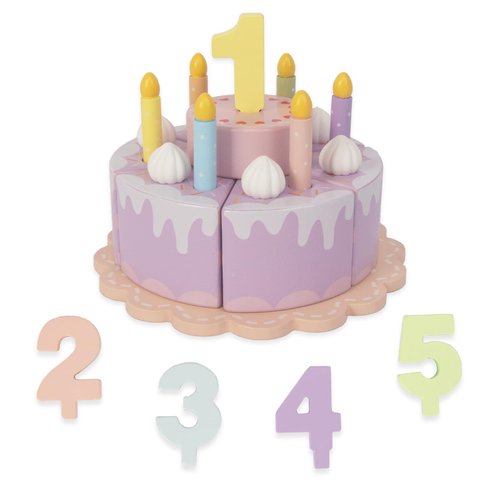 WoodenEdu Pretend Play Food for Toddlers 1-3,Wooden Birthday Fake Cake with Candles and Numbers,Tea Party Learning Kitchen Gift Toys for Boys Girls (Cream Cake)