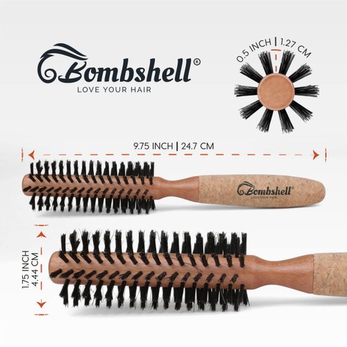 Bombshell Sustainable Round Hair Brush — Birch Wood and Cork Handle Hairbrush with Boar Bristles, Ergonomic Boar Bristle for Blow Drying, Curling, and Styling 1.75 inch