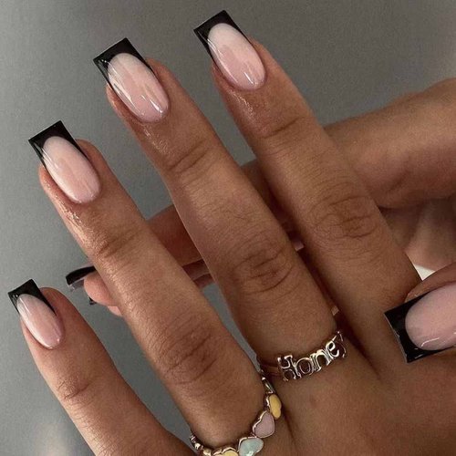 Enppode French Tip Fake Nails Black Press on Nails Medium Long Square Acrylic False Nails,Artificial Glossy Nude Nails for Women and Girls- 24 PC/Set