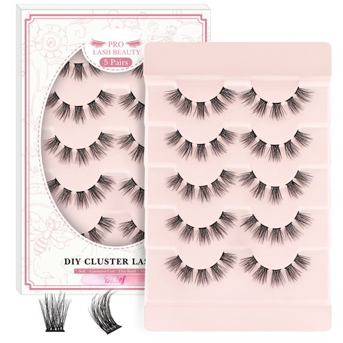Lash Clusters 5 Pairs Cat Eye Lashes Russian Fluffy Lashes that Look Like Extensions Wispy Eyelash Clusters Volume DIY Lash Extension Soft and Easy to Wear (5 Pairs, Belief)