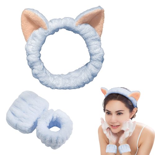 3-Pack Spa Headband and Wristband Set,Soft Plush Makeup Skincare Headband Wrist Bands Cute Cat Ears Face Wash Headband and Towel Wristband Set for Women Girls Washing Face Skin Care (Blue)