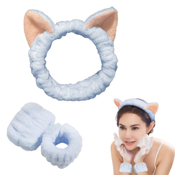 3-Pack Spa Headband and Wristband Set,Soft Plush Makeup Skincare Headband Wrist Bands Cute Cat Ears Face Wash Headband and Towel Wristband Set for Women Girls Washing Face Skin Care (Blue)