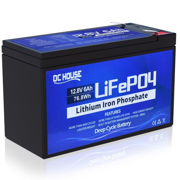 DC HOUSE 12V 6Ah Rechargeable LiFePO4 Lithium Iron Phosphate Battery with 3000+ Times Deep Cycles and BMS Protection for Fish Finder, Power Wheels, Scooter, Light, Kids Car,UPS