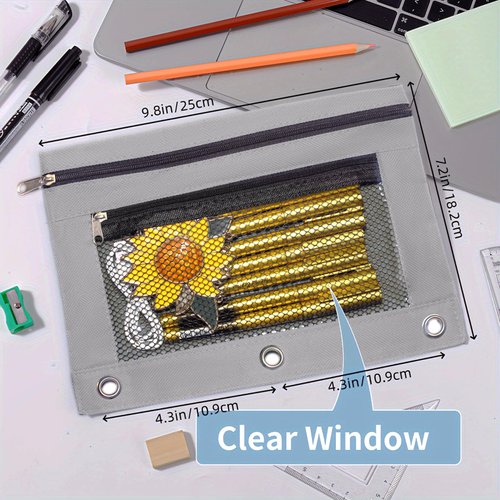 Pencil Pouch for 3 Ring Binder, 2 PCS Double Layer Binder Pencil Case with Zipper Puller, Transparent PVC Mesh Window Oxford Pencil Holder 3 Ring Binder Pencil Cases, Smooth Metal Zipper Pencil