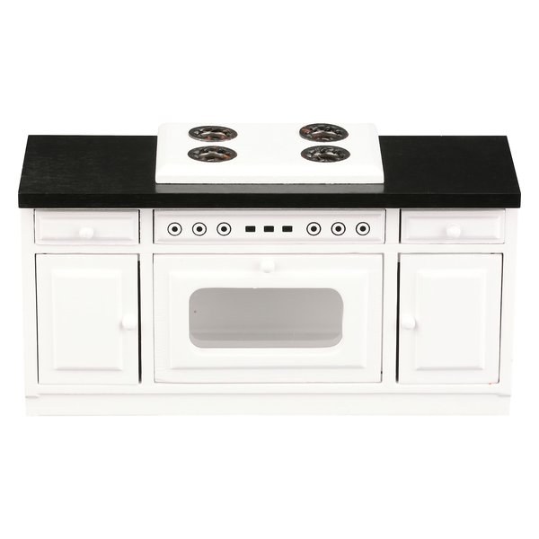 Wooden Dollhouse Kitchen Stove, Miniature Dolls House Oven, Four Burners, Range, Cabinet, 1/12 Scale, White Farmhouse